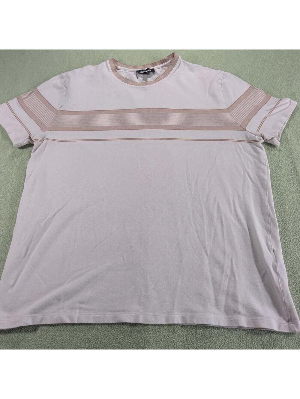 Express White and Tan Striped Short Sleeve T-Shirt